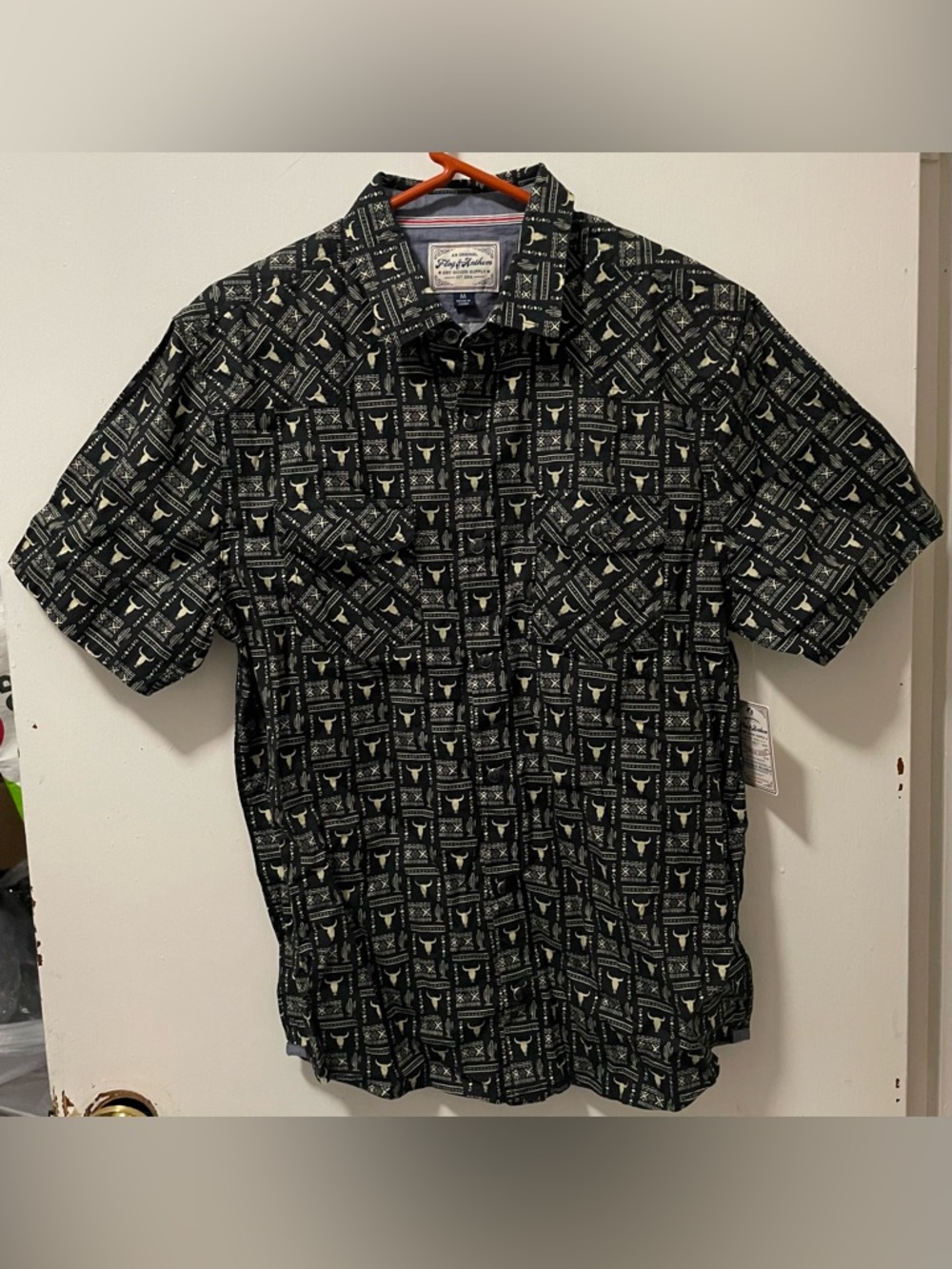 Flag & Anthem Men's Button Up Short Sleeve Western Shirt Color Black Size Medium